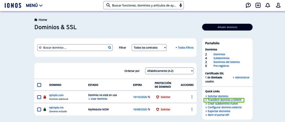 Captura de pantalla: interfaz de usuario de la sección Dominios y SSL en la cuenta IONOS. El enlace para transferir dominio a IONOS" está resaltado