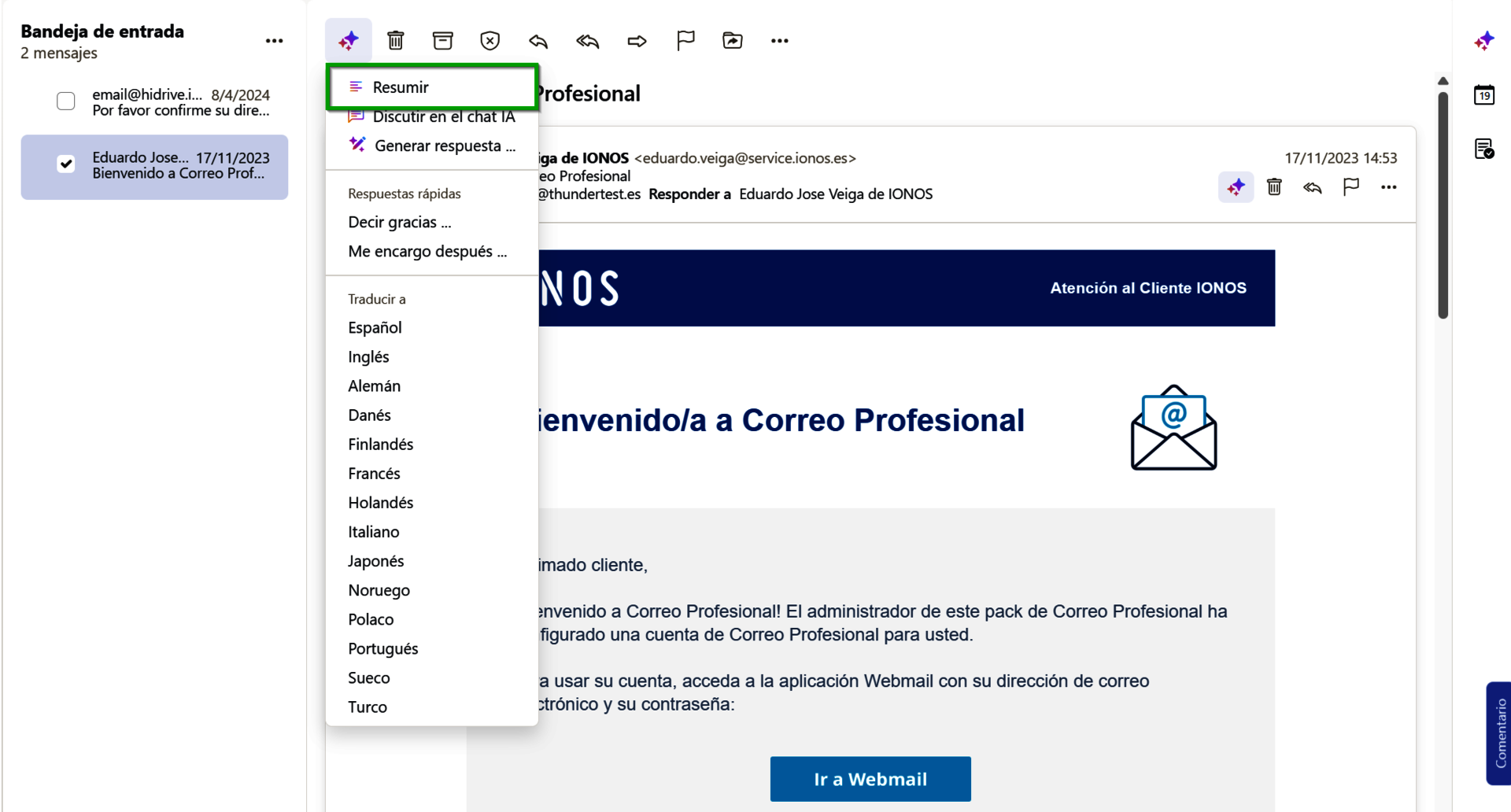Captura de pantalla: la opción para generar este resumen con el Asistente e-mail con IA aparece resaltada