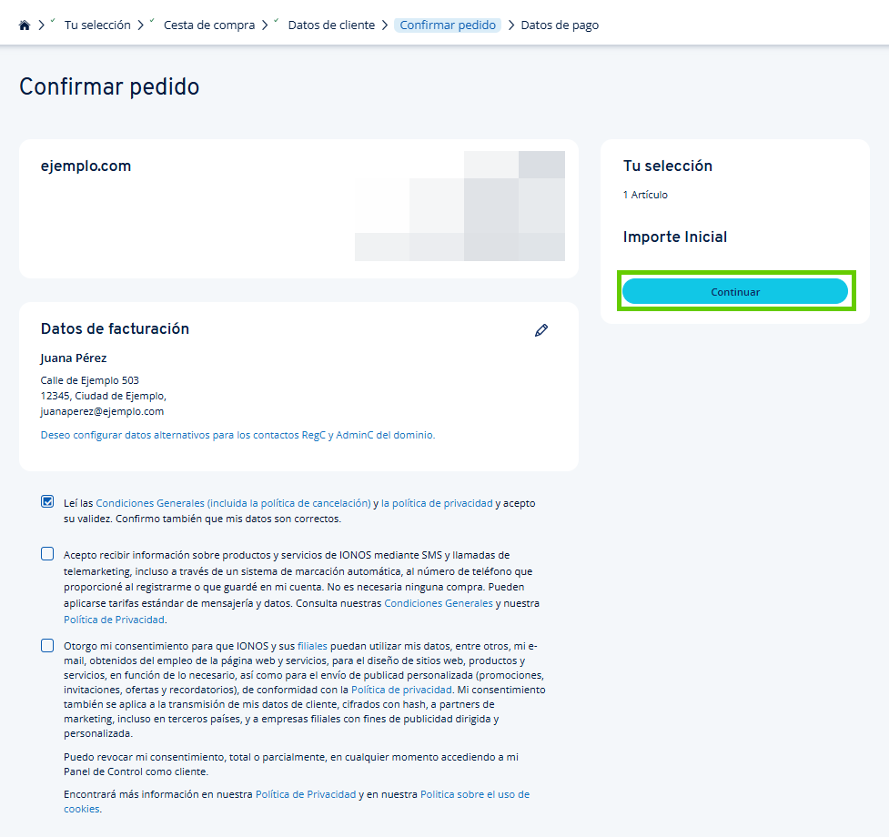 Captura de pantalla: resumen del pedido con los datos de contacto y la casilla para confirmar las condiciones generales de IONOS
