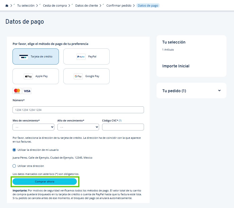Captura de pantalla: selección de la forma de pago para introducir los datos bancarios y titular. Se confirmará con el botón para realizar la compra de transferencia resaltado