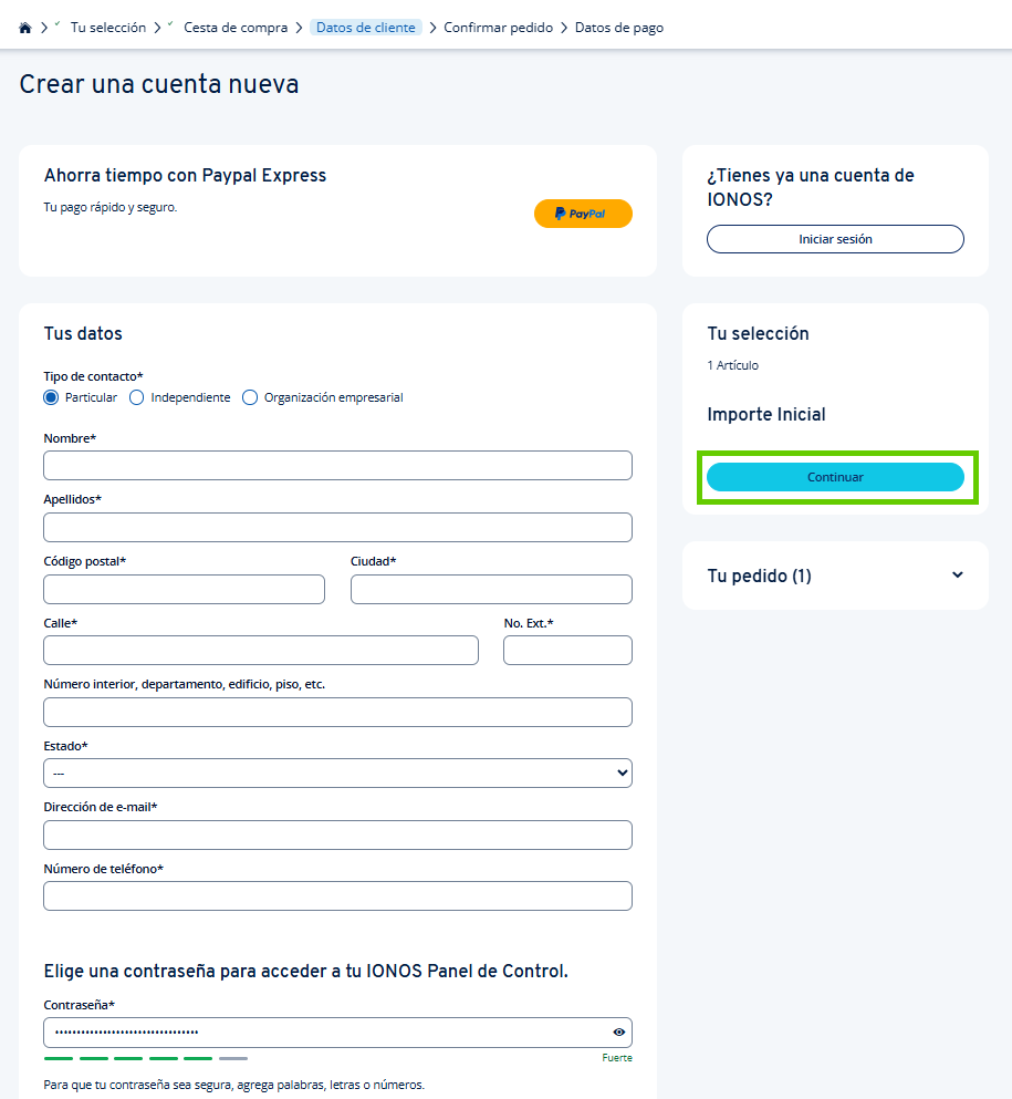 Captura de pantalla: formulario para crear una nueva cuenta de cliente en IONOS con campos para la dirección, información de contacto y contraseña