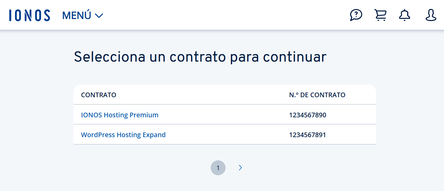 Captura de pantalla: lista de selección con los contratos disponibles en IONOS, cada uno de los cuales muestra un nombre y un número de contrato