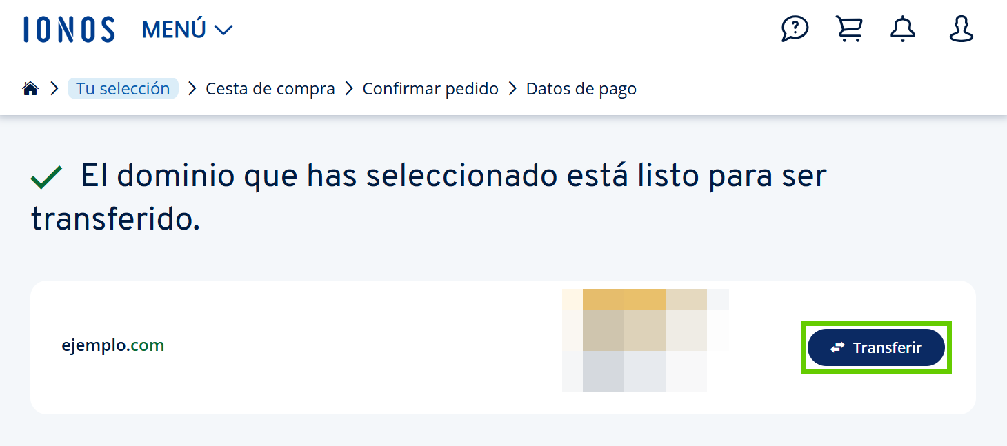 Captura de pantalla: vista de confirmación en el proceso de transferencia de dominio, que muestra que el dominio ejemplo.com está listo para su transferencia