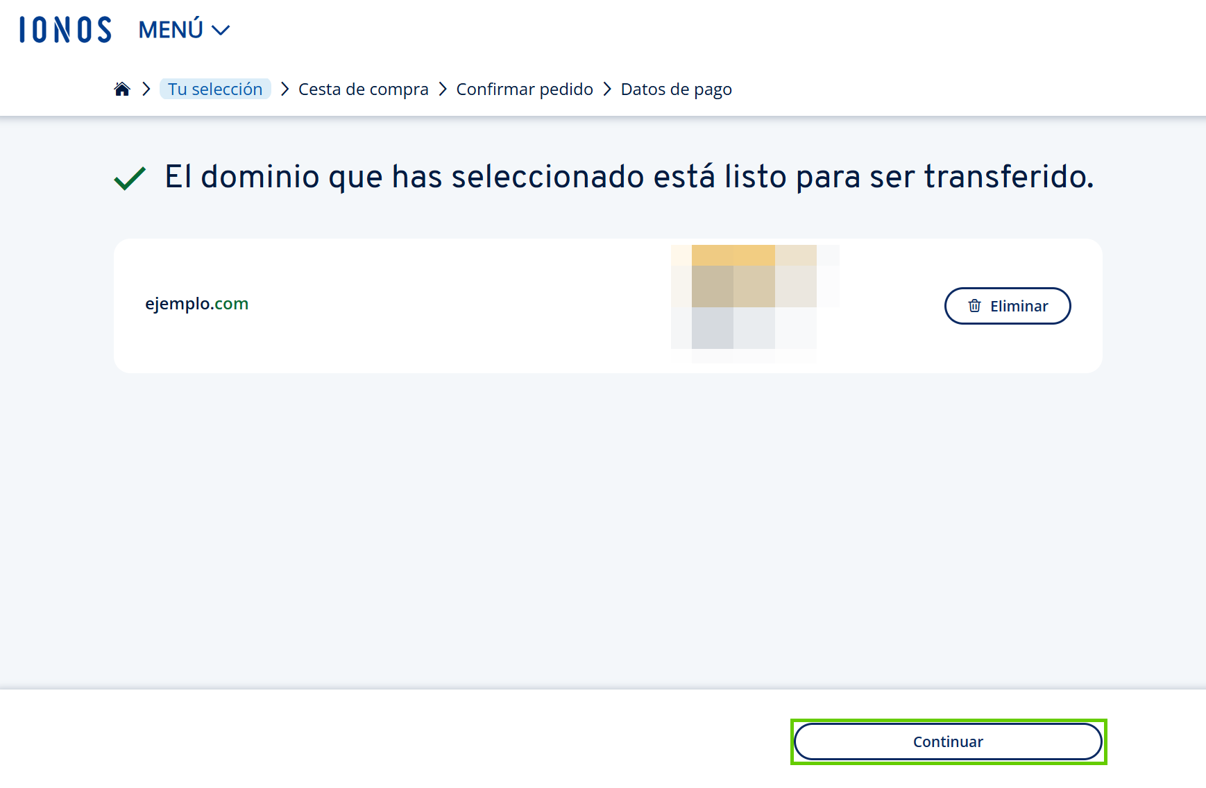 Captura de pantalla: página de confirmación de que el dominio ejemplo.com está listo para su transferencia, con el botón para continuar en la parte inferior