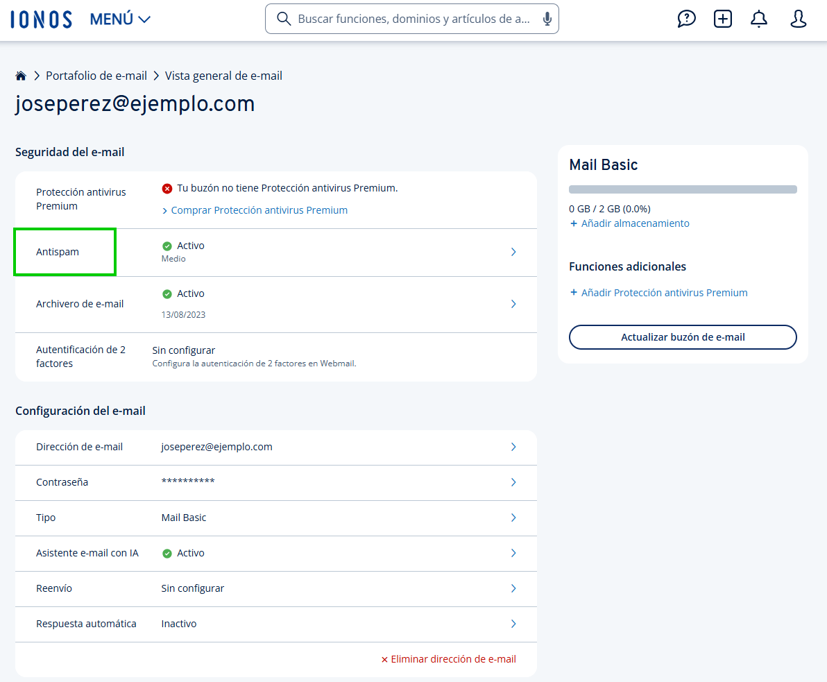 Figura: opción de menú antispam en los ajustes de la dirección de correo electrónico Captura de pantalla de los ajustes de la dirección de e-mail. En la configuración, la opción de antispam está resaltada