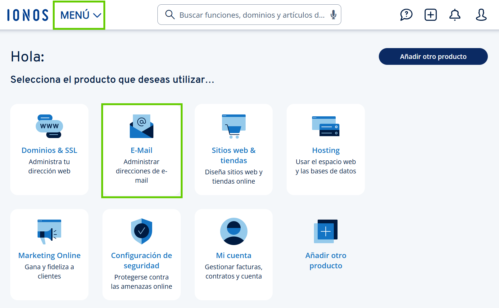 Captura de pantalla: menú abierto a través de la navegación principal