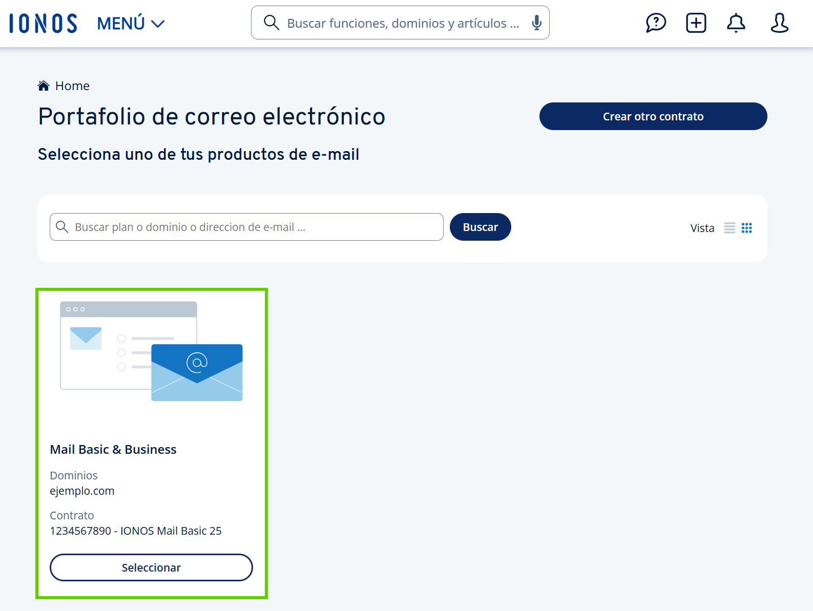 Captura de pantalla: sección de e-mail en la cuenta IONOS. En esta sección, se resalta el mosaico con el contrato contratado. En este mosaico aparece el botón para seleccionarlo
