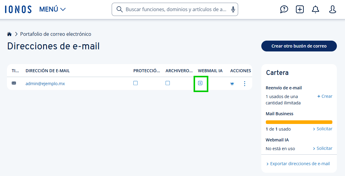 Captura de pantalla: signo + para añadir Webmail IA