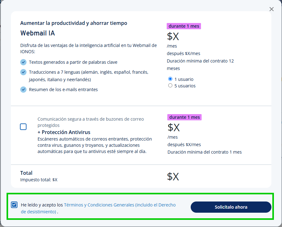 Captura de pantalla: opción para confirmar las Condiciones y Términos Generales y para obtener la función