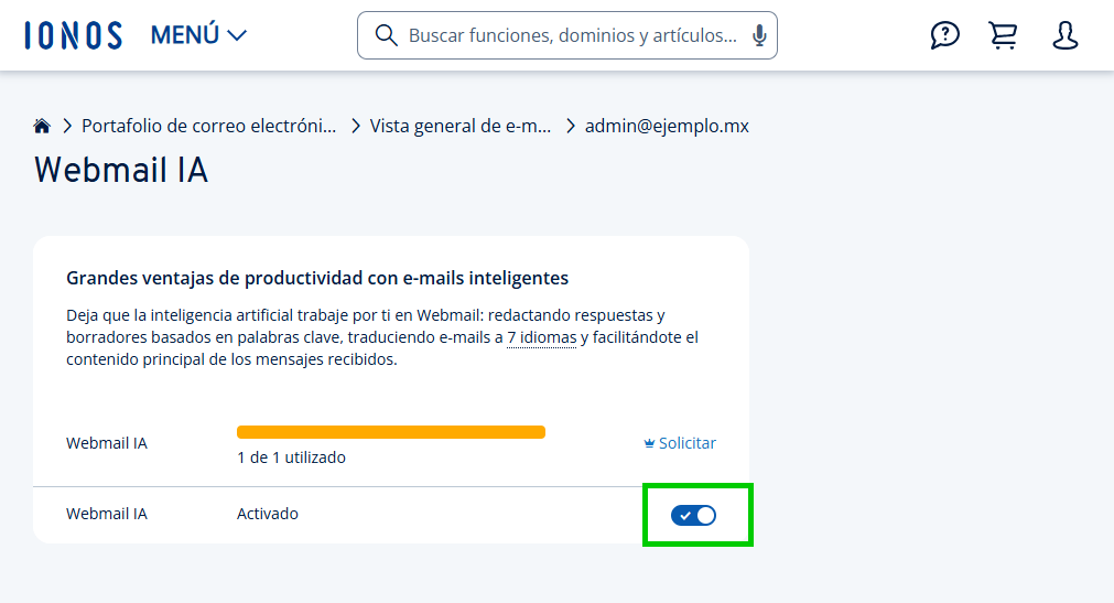 Captura de pantalla: función de Webmail IA activada