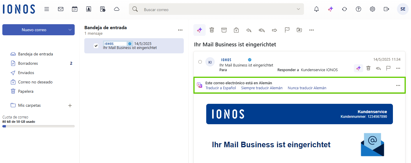 Captura de pantalla: en la barra de herramientas de Webmail, bajo el símbolo con 3 estrellas, que muestra la integración de la IA, se resaltan las opciones de traducción para el correo recibido.