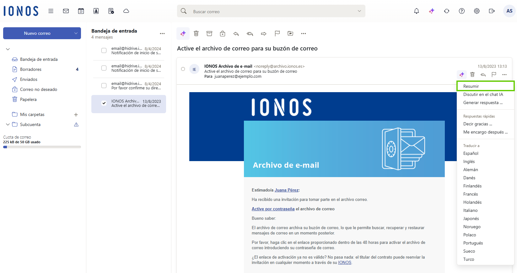 Captura de pantalla: la opción para generar este resumen con el Asistente e-mail con IA aparece resaltada