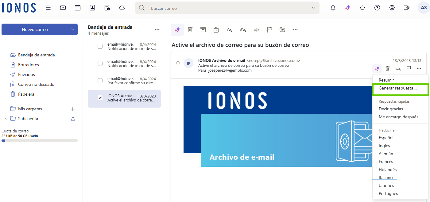 Captura de pantalla: en la barra de herramientas del correo electrónico, se muestra una lista bajo el botón de las tres estrellas que indica la integración de la IA. En la lista, se destaca la opción «Generar respuesta...»