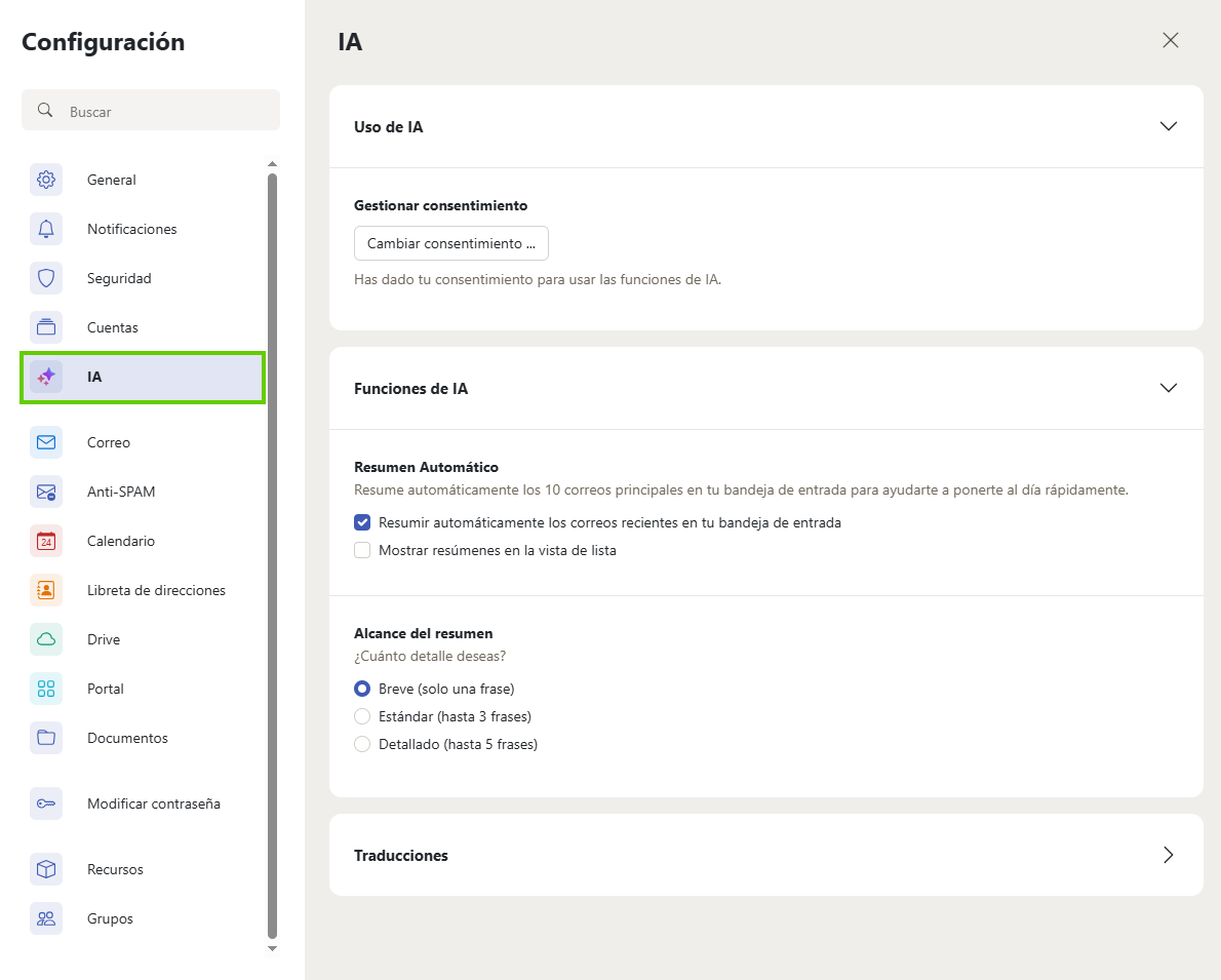 Captura de pantalla: en la ventana de configuración, la opción de IA está resaltada en la barra de navegación izquierda