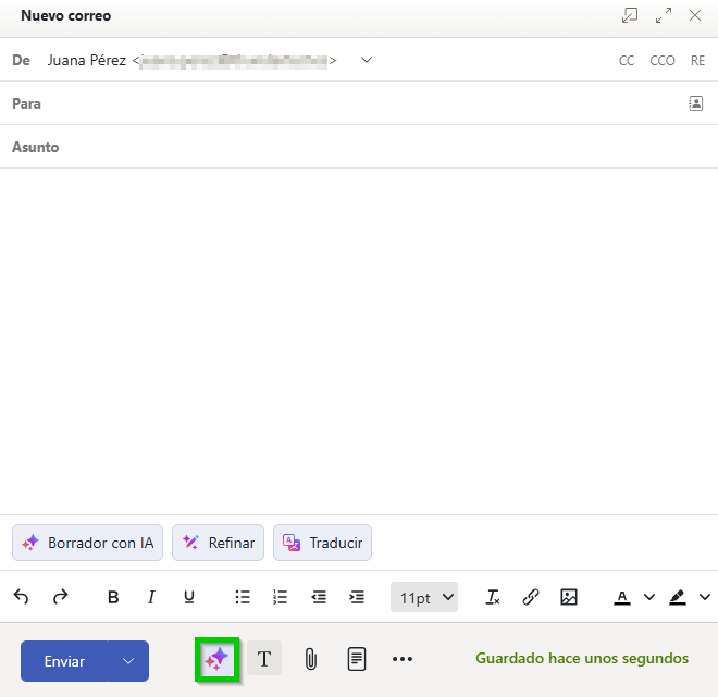 Captura de pantalla: se muestra un nuevo correo electrónico. En el nuevo correo electrónico, el icono de estrellas (Escribir, corregir o reformular texto) aparece resaltado