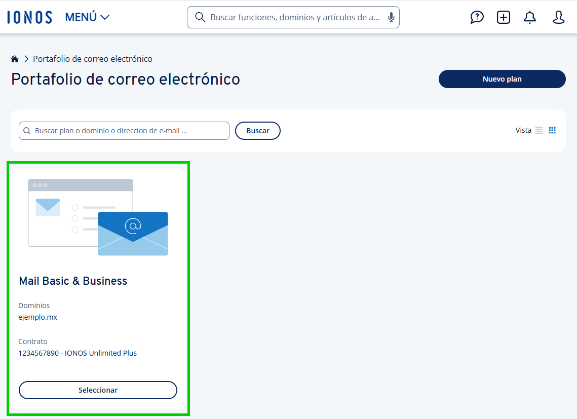 Captura de pantalla: vista general para seleccionar un contrato