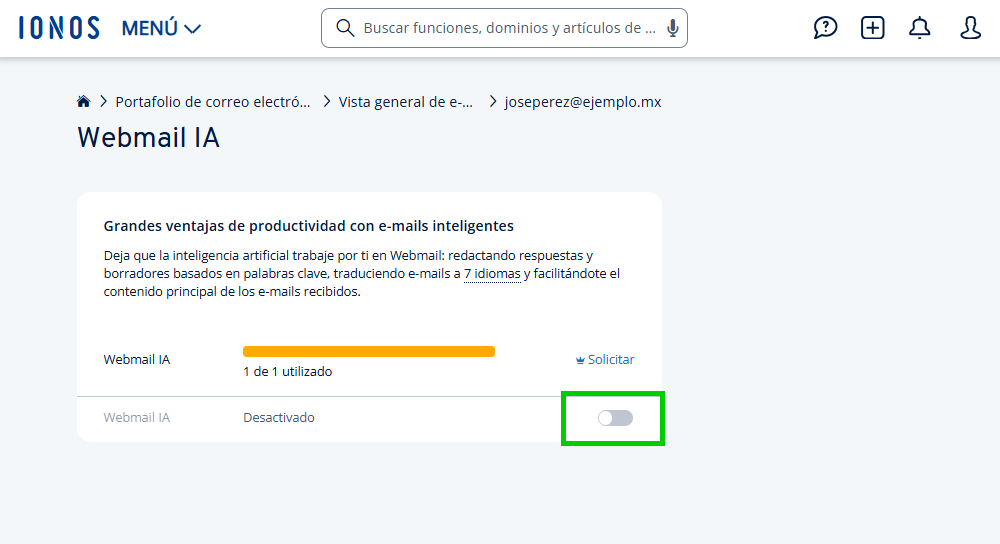 Captura de pantalla: función Webmail IA desactivada