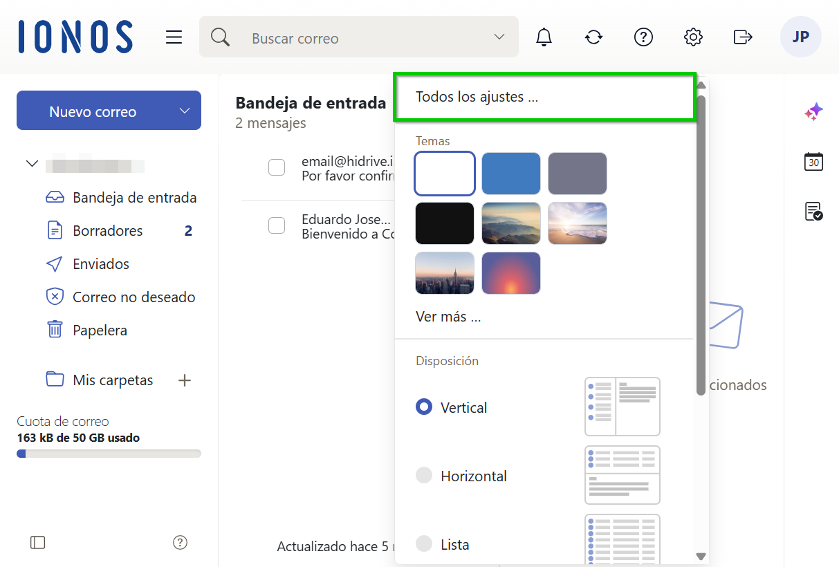 Captura de pantalla: lista de ajustes con la configuración de Webmail. La opción para todos los ajustes aparece resaltada