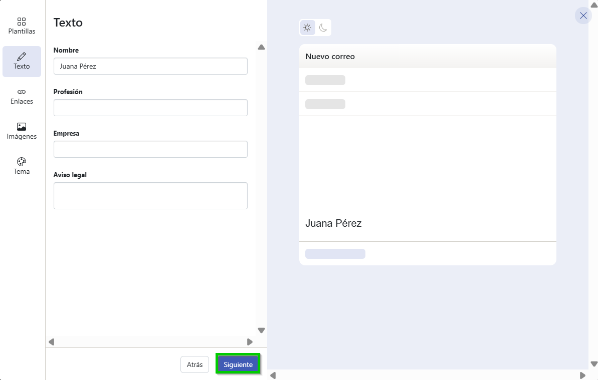 Captura de pantalla: se muestra la sección de texto. En esta sección, el botón para continuar aparece resaltado
