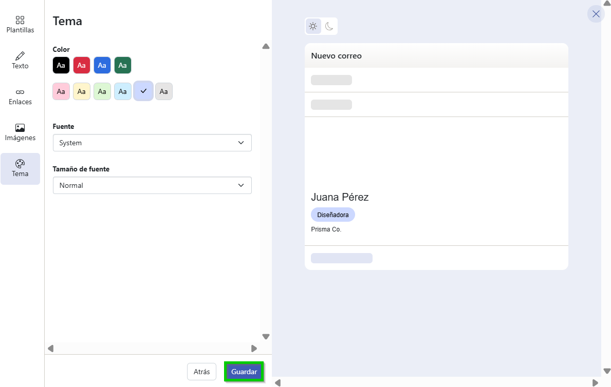 Captura de pantalla: el botón para guardar desde la sección de temas aparece resaltado