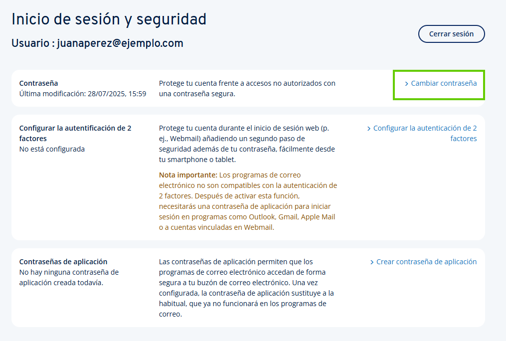 Captura de pantalla: se muestra la página de inicio de sesión y seguridad. En esta página, está resaltado el enlace para cambiar la contraseña.