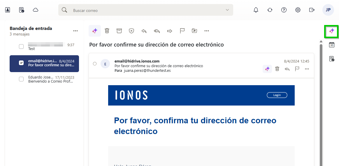 Captura de pantalla: en Webmail se muestra un correo electrónico abierto en la bandeja de entrada. En la barra de navegación derecha, el icono de estrellas aparece resaltado