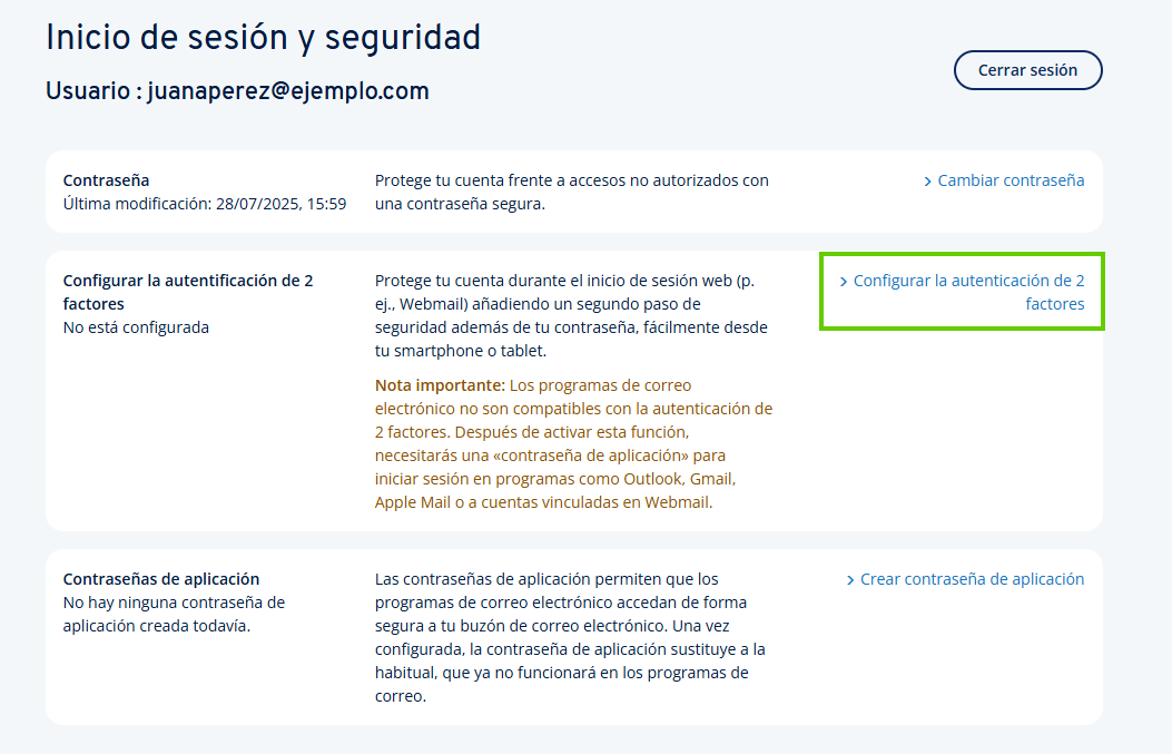 Captura de pantalla: se muestra la página de inicio de sesión y seguridad. En esta página, está resaltado el enlace para configurar la autenticación de dos factores