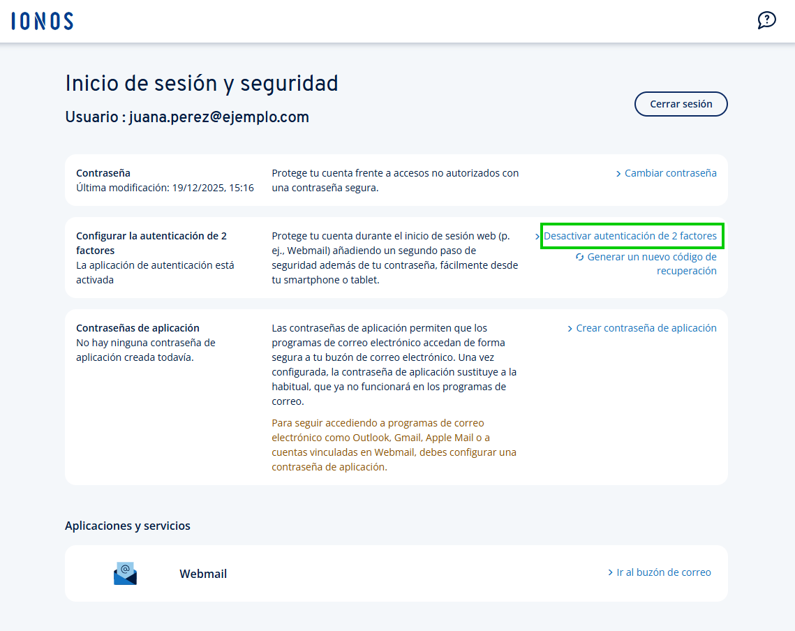 Captura de pantalla: desde Webmail, aparece señalado el enlace para desactivar la autenticación de dos factores en la página de Inicio de sesión y seguridad