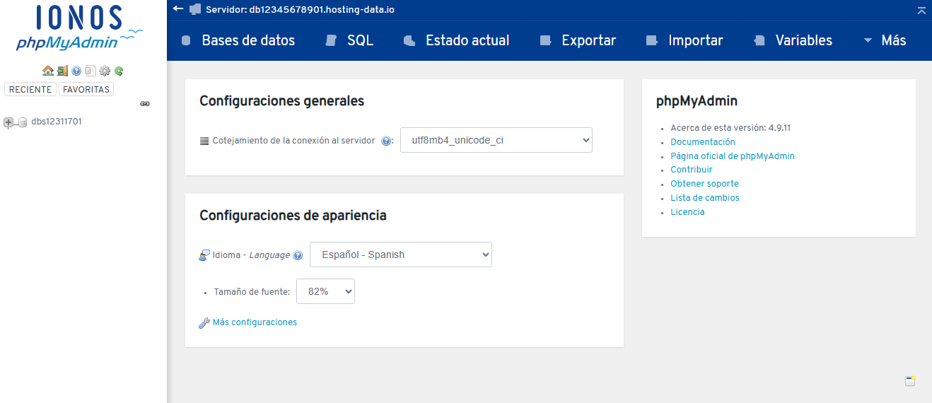 Captura de pantalla: página de inicio de phpMyAdmin desde IONOS con información sobre la configuración general, la configuración de pantalla y otros recursos de phpMyAdmin.