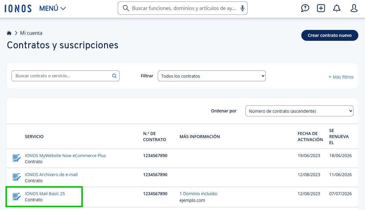 Captura de pantalla: contrato seleccionado en la vista de contratos y suscripciones de la cuenta IONOS