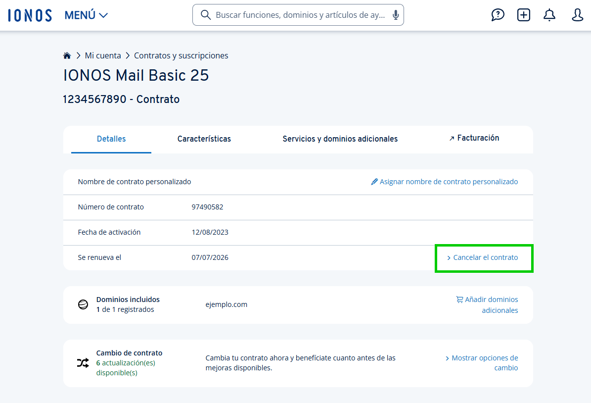 Captura de pantalla: enlace para cancelar contrato en la vista detallada de un contrato individual