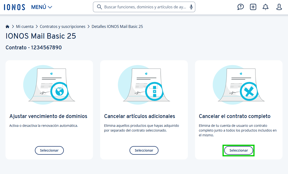 Captura de pantalla: botón para cancelar un contrato completo en las opciones de cancelación del contrato