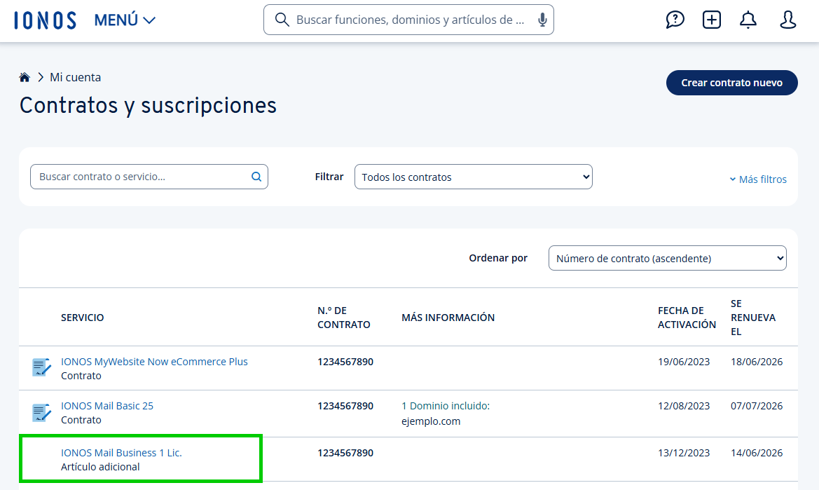 Captura de pantalla: artículo adicional seleccionado en la vista de contratos y suscripciones de la cuenta IONOS