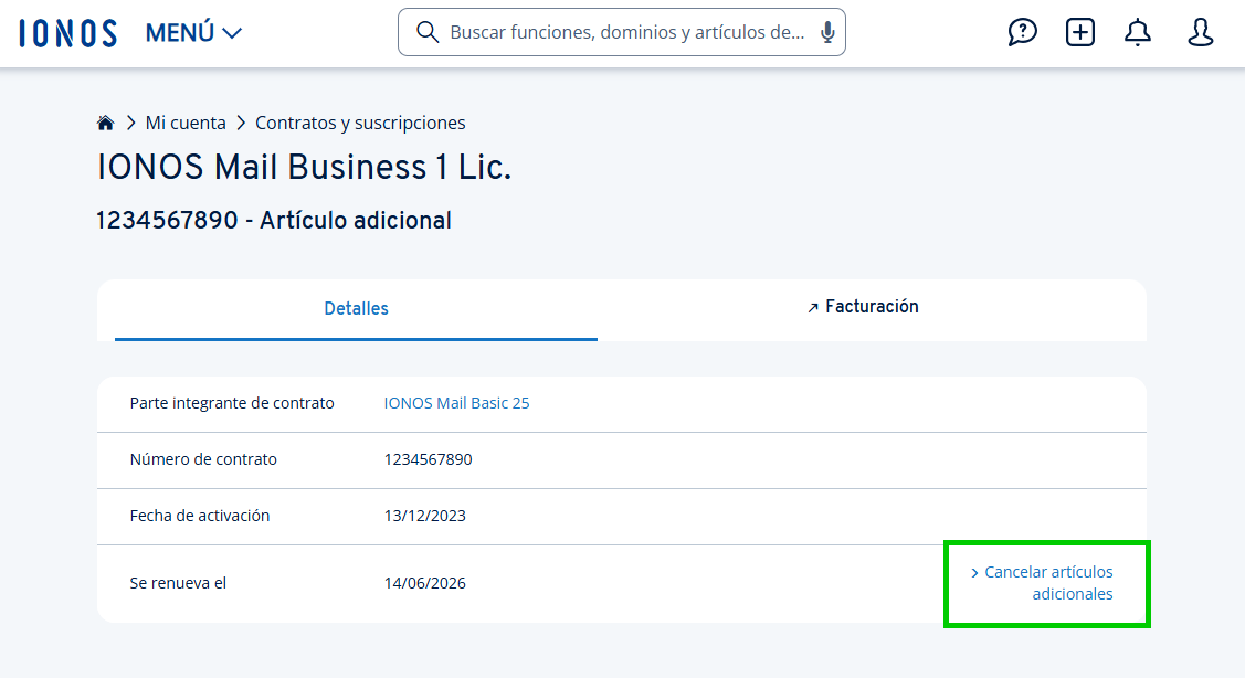 Captura de pantalla: botón para cancelar un artículo adional en las opciones de cancelación