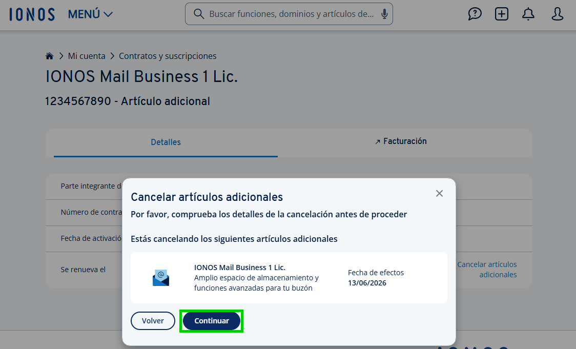 Captura de pantalla: ventana con el resumen preliminar de la cancelación
