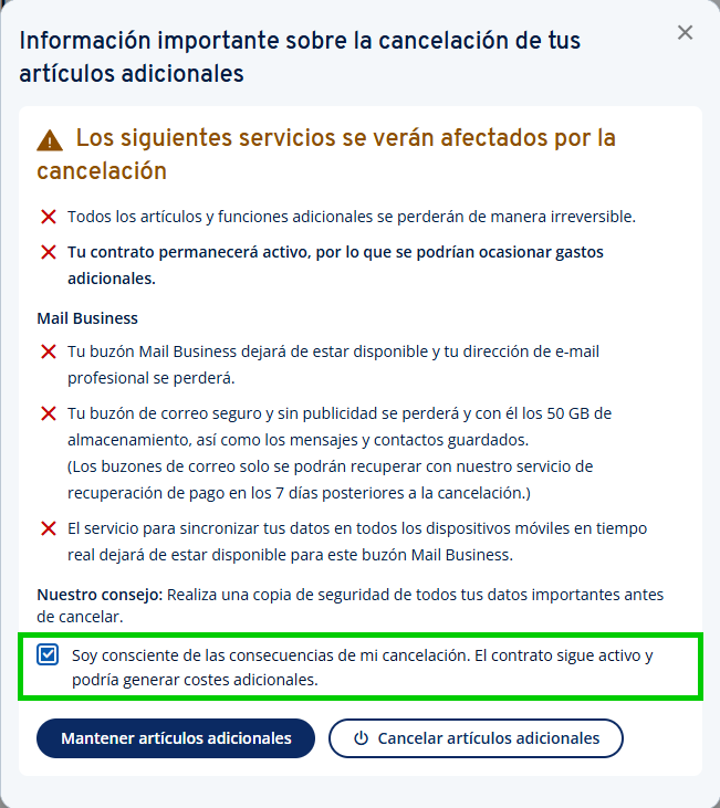 Captura de pantalla: casilla de confirmación de los posibles efectos de la cancelación
