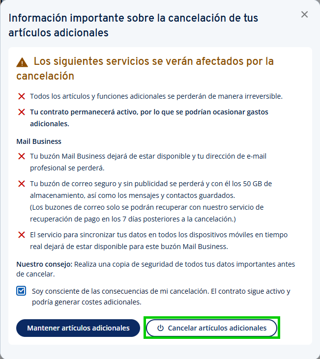 Captura de pantalla: botón de confirmación en la ventana de información sobre la cancelación