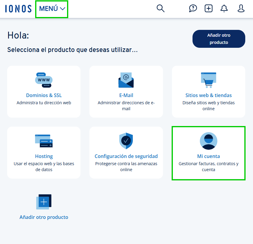 Captura de pantalla: desde la cuenta IONOS, aparecen resaltados el menú principal y la opción de « Mi cuenta