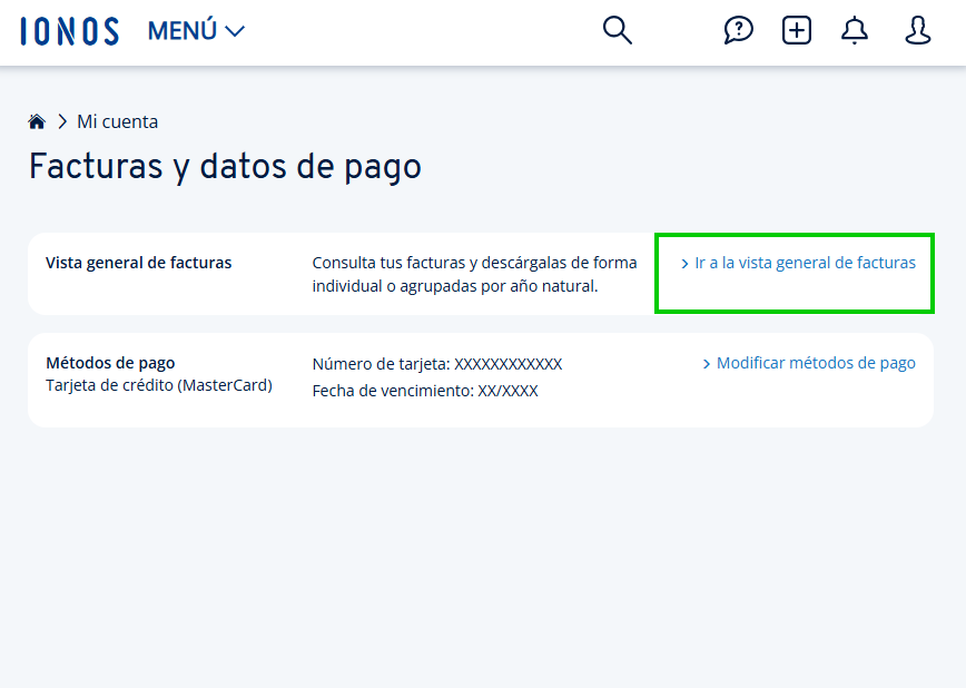 Captura de pantalla: en sección «Facturas y datos de pago» de la cuenta IONOS, aparece resaltado el enlace «Ir a la vista general de facturas»