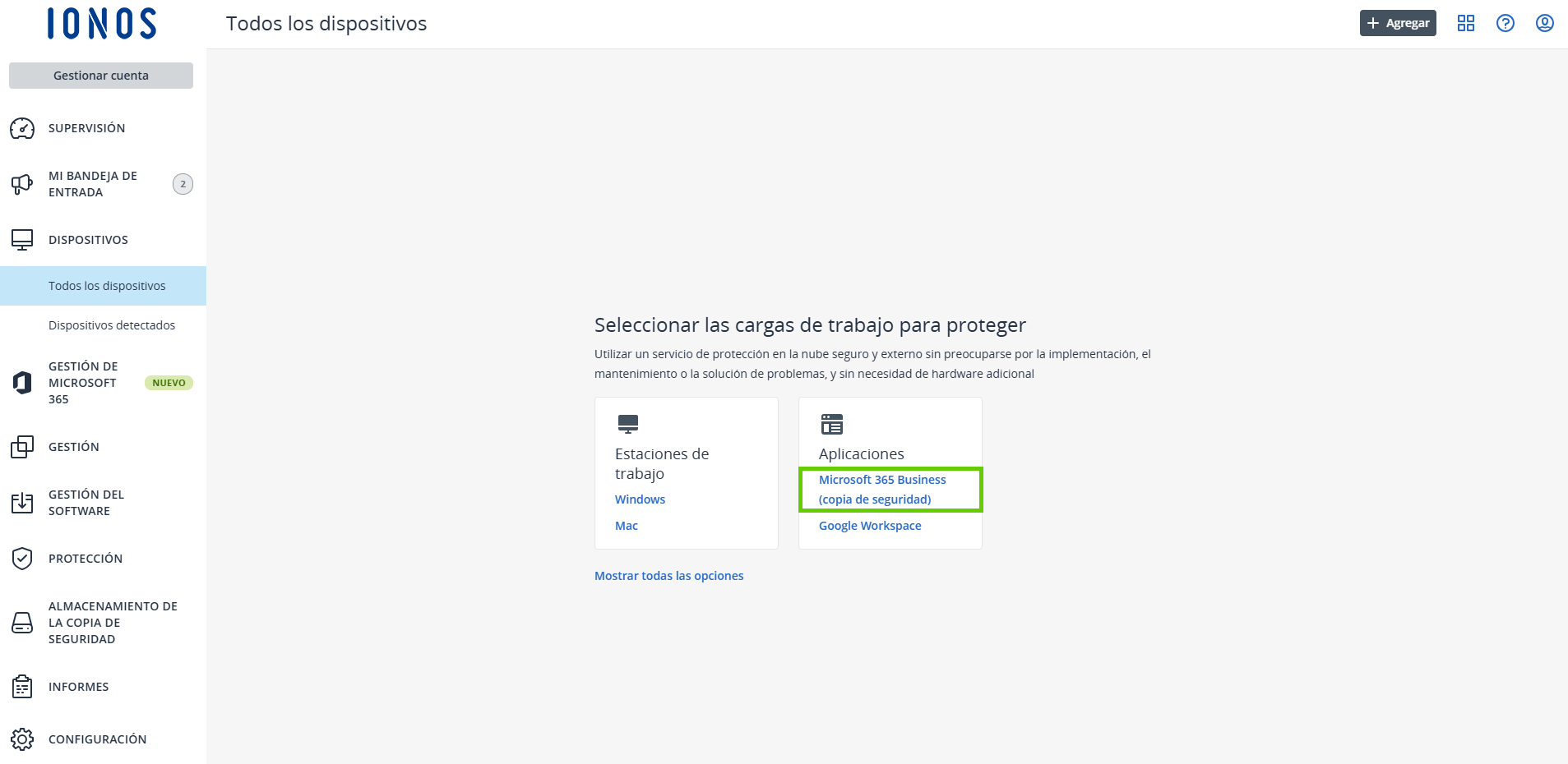 Captura de pantalla: se muestra la Consola de Cyber Protect. En la consola de Cyber Protect se resalta el enlace a Microsoft 365 Business (copias de seguridad)
