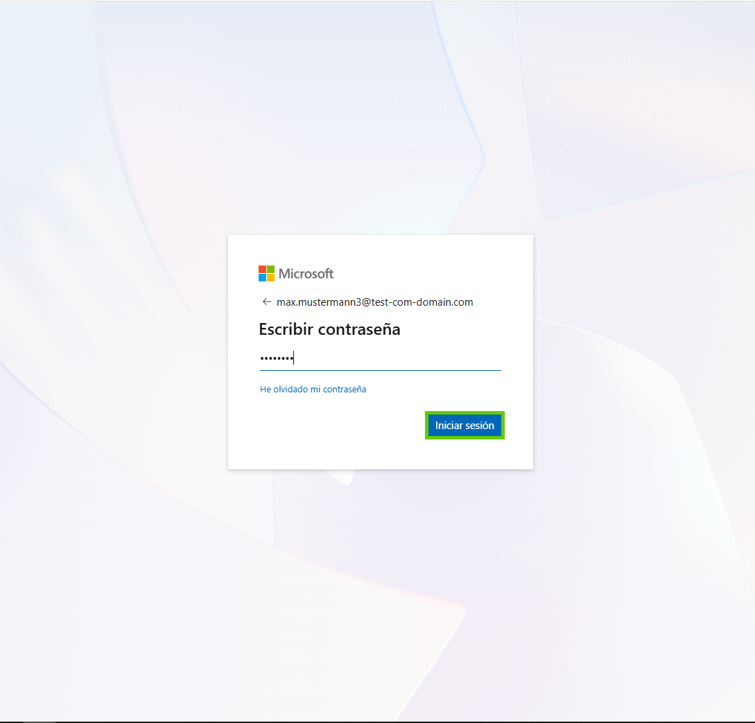 Captura de pantalla: se muestra una página de inicio de sesión de Microsoft. En esta página se resalta el botón para continuar