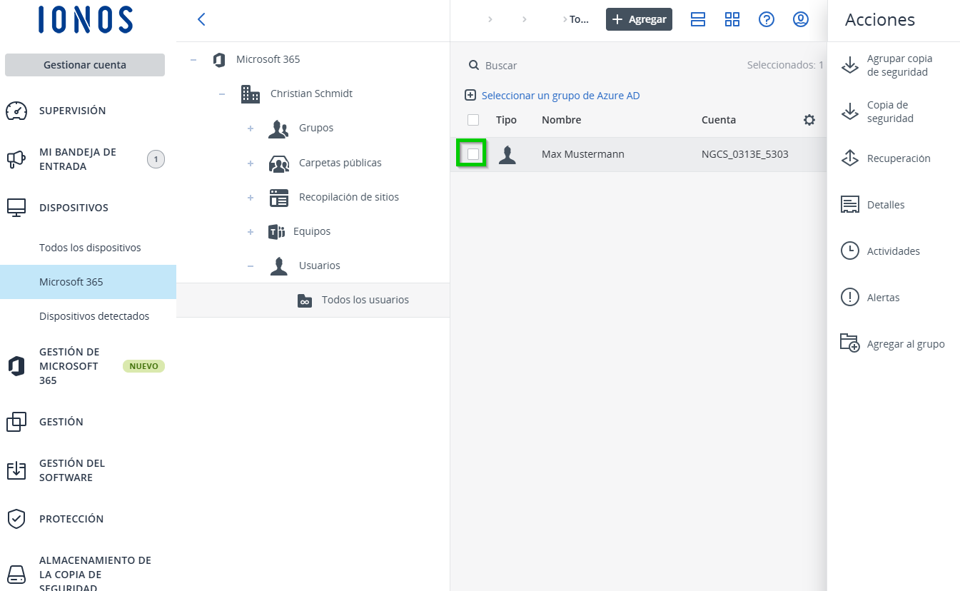 Captura de pantalla: se muestra la sección de Microsoft 365. Debajo de la cuenta de administrador de Microsoft 365 seleccionada, aparece una lista. En esta lista, dentro de la opción de Usuarios, se selecciona Todos los usuarios > un usuario