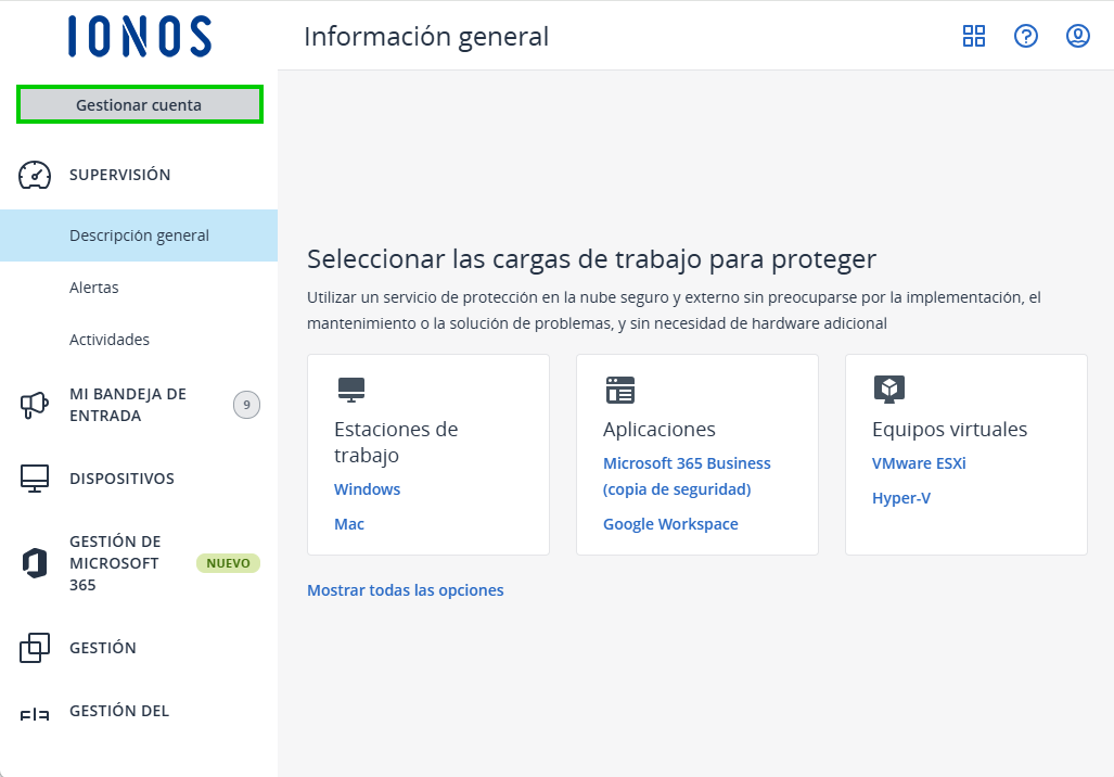 Captura de pantalla: en la Consola de Backup se muestra la sección Supervisión > Descripción general. En este apartado, aparece resaltado el botón para gestionar la cuenta.