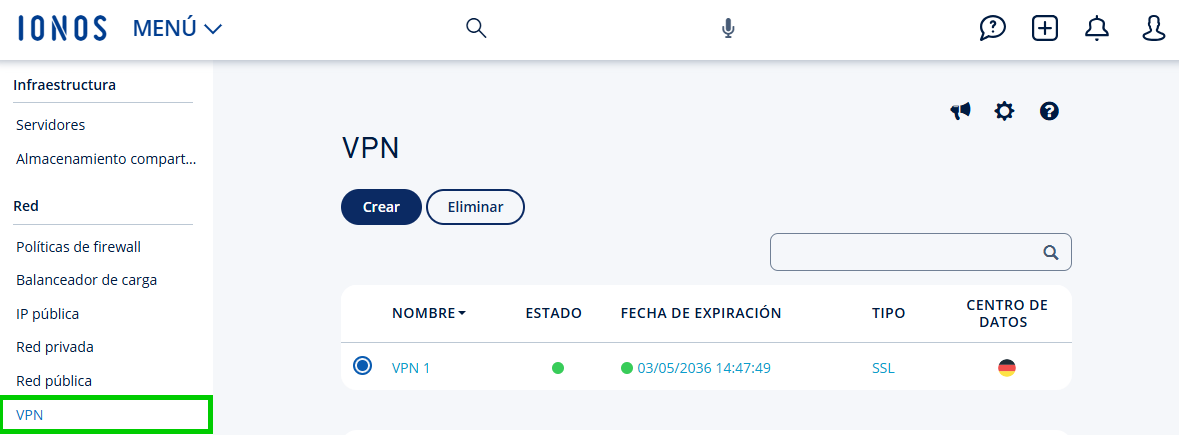 Captura de pantalla: en el Cloud Panel, desde la sección Red, aparece resaltado el apartado VPN