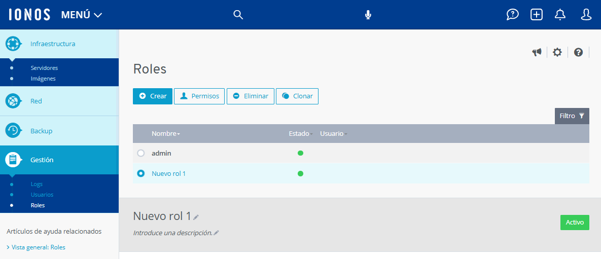 Figura: sección «Rolles» en el Cloud Panel