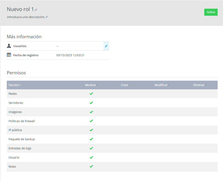 Figura: apartado con la información sobre un rol en Cloud Panel
