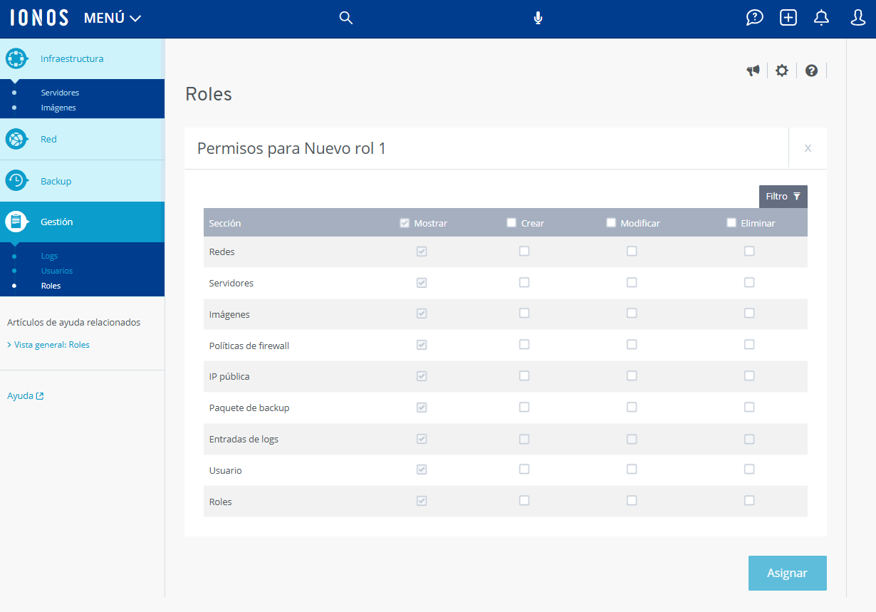 Figura: apartado con los permisos de un rol en Cloud Panel