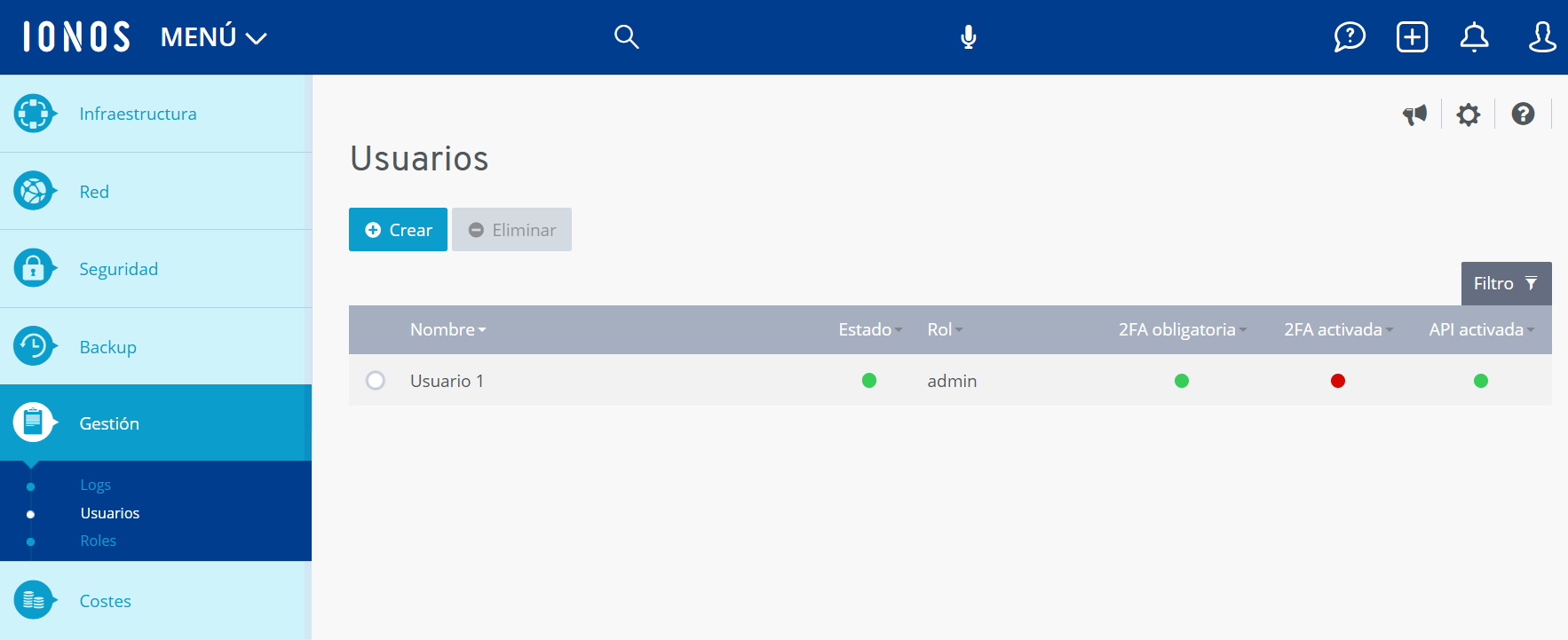 Figura: sección Gestión > Usuarios en Cloud Panel