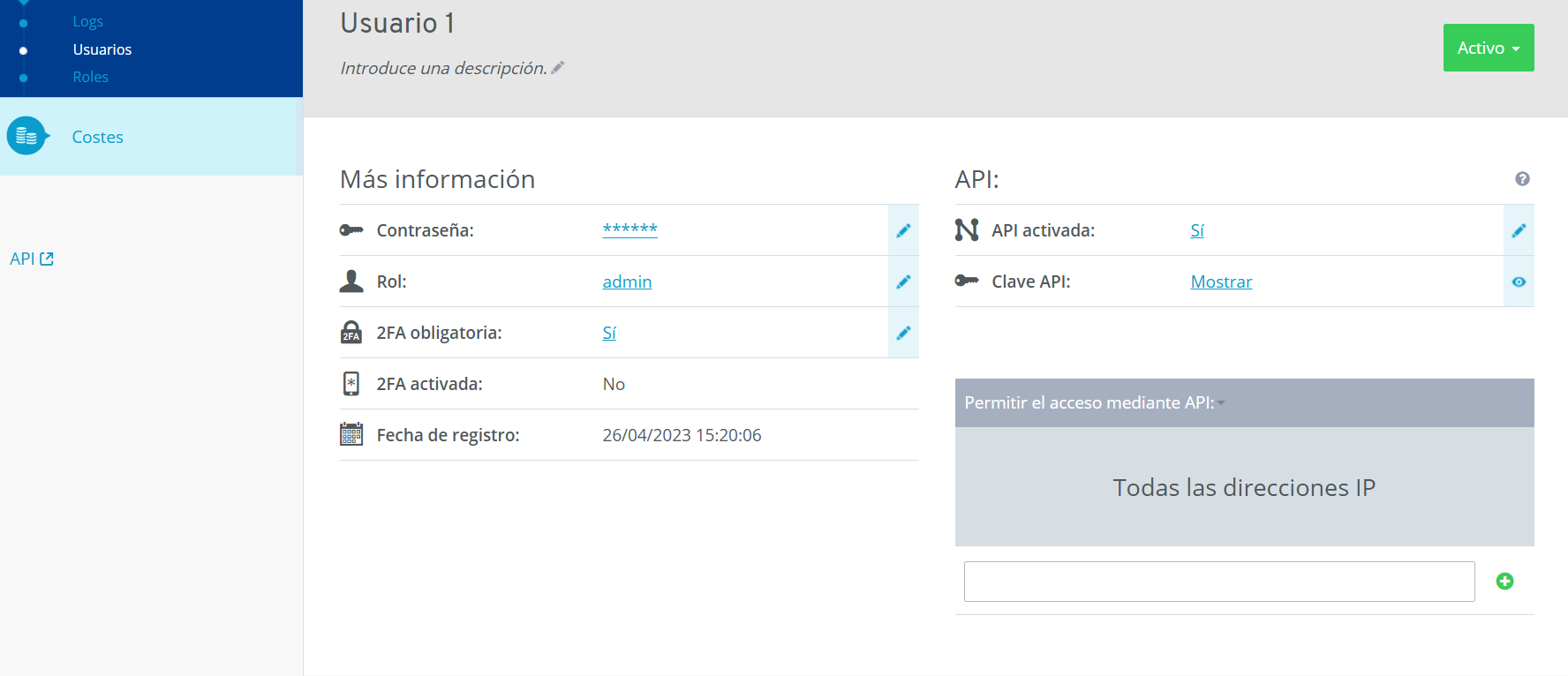 Figura: detalles sobre un usuario en la sección Gestión > Usuarios de Cloud Panel