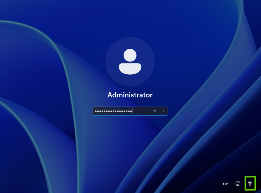 Captura de pantalla: se muestra la ventana de inicio de sesión de Windows. En esta ventana, se resalta en la parte inferior derecha el icono de una persona con los brazos extendidos (símbolo de accesibilidad)